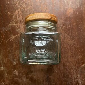 Vintage Clear Glass Canister Jar w/ Wood Lid Embossed 3D Apple Design Farmhouse